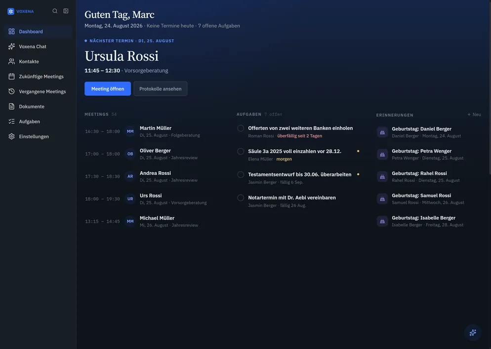 Voxena Dashboard: nächster Termin, Meetings, Aufgaben und Erinnerungen